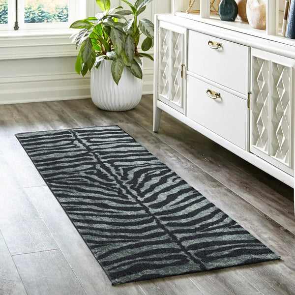 Homeroots 2' X 8' Black And Gray Zebra Print Shag Handmade Non Skid Runner Rug  Polyester 491644
