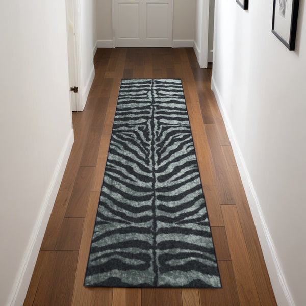 Homeroots 2' X 8' Black And Gray Zebra Print Shag Handmade Non Skid Runner Rug  Polyester 491644