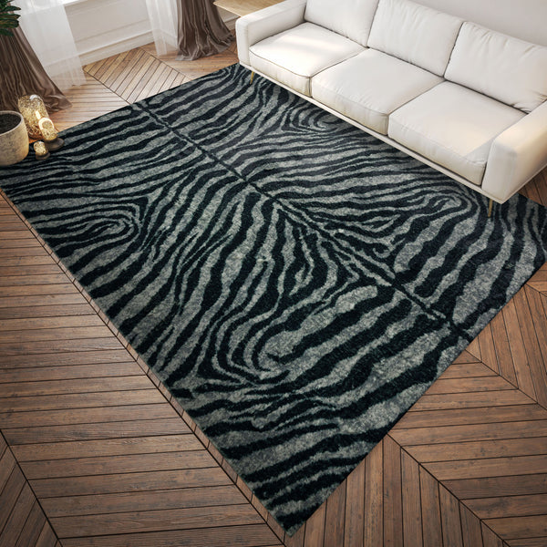 Homeroots 3' X 5' Black And Gray Zebra Print Shag Handmade Non Skid Area Rug  Polyester 491645