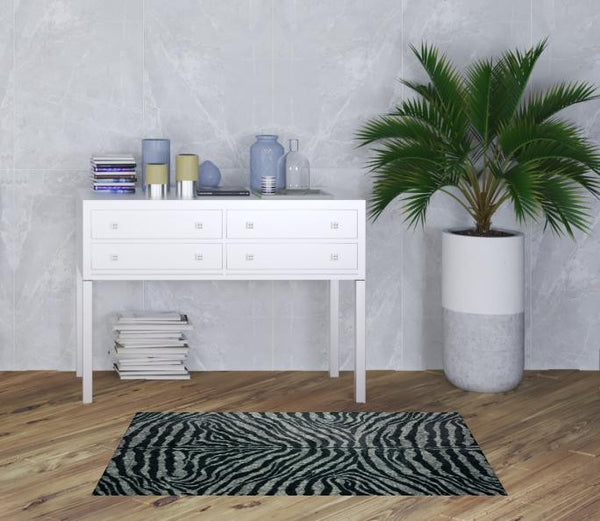 Homeroots 3' X 5' Black And Gray Zebra Print Shag Handmade Non Skid Area Rug  Polyester 491645