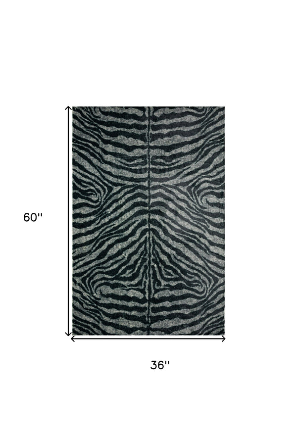 Homeroots 3' X 5' Black And Gray Zebra Print Shag Handmade Non Skid Area Rug  Polyester 491645