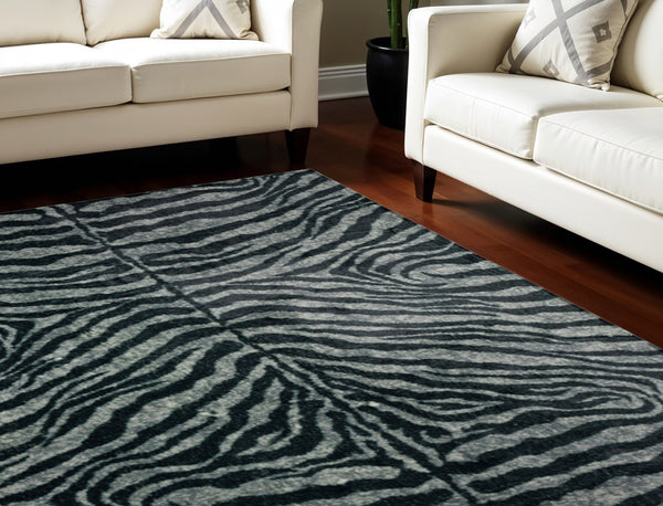 Homeroots 8' X 10' Black And Gray Zebra Print Shag Handmade Non Skid Area Rug  Polyester 491647