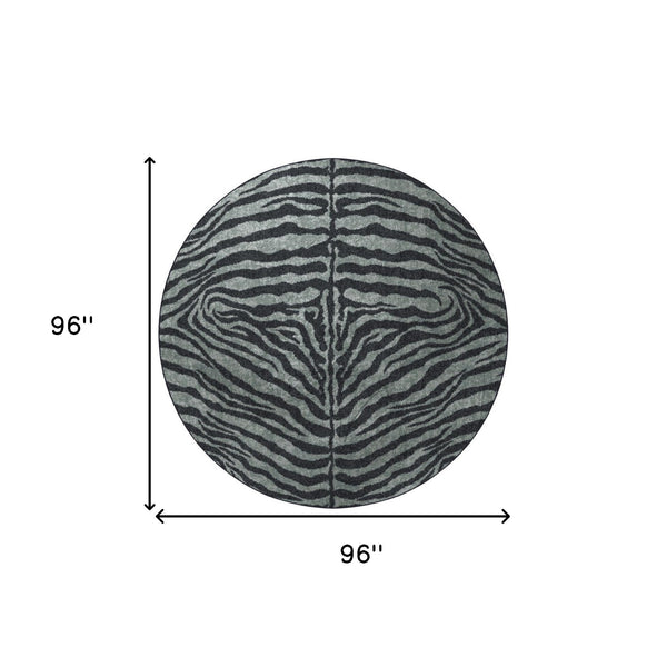 Homeroots 8' X 8' Black And Gray Round Zebra Print Shag Handmade Non Skid Area Rug  Polyester 491648
