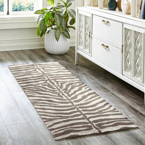 Homeroots 2' X 8' Mocha And Cream Zebra Print Shag Handmade Non Skid Runner Rug  Polyester 491650