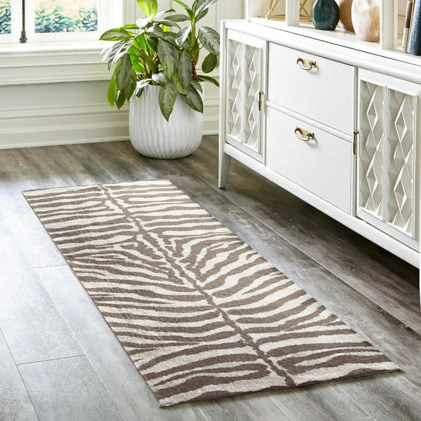 Homeroots 2' X 8' Mocha And Cream Zebra Print Shag Handmade Non Skid Runner Rug  Polyester 491650