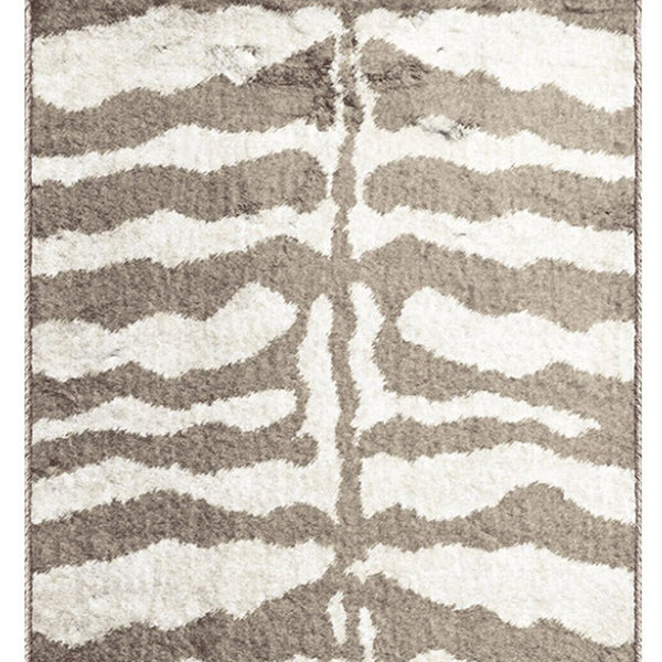 Homeroots 2' X 8' Mocha And Cream Zebra Print Shag Handmade Non Skid Runner Rug  Polyester 491650