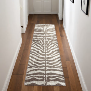 Homeroots 2' X 8' Mocha And Cream Zebra Print Shag Handmade Non Skid Runner Rug  Polyester 491650
