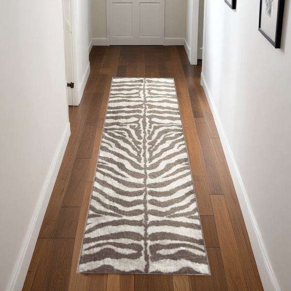 Homeroots 2' X 8' Mocha And Cream Zebra Print Shag Handmade Non Skid Runner Rug  Polyester 491650