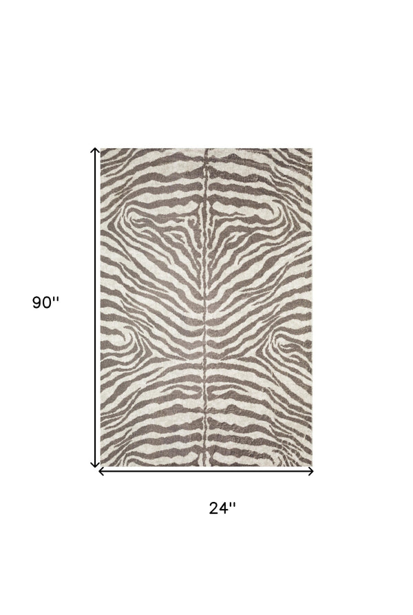 Homeroots 2' X 8' Mocha And Cream Zebra Print Shag Handmade Non Skid Runner Rug  Polyester 491650