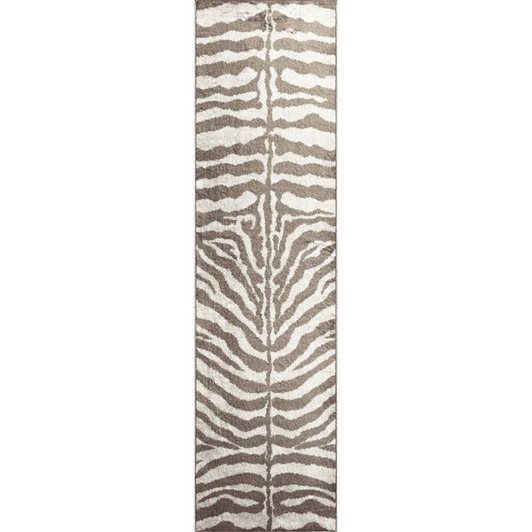 Homeroots 2' X 8' Mocha And Cream Zebra Print Shag Handmade Non Skid Runner Rug  Polyester 491650