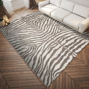 Homeroots 3' X 5' Mocha And Cream Zebra Print Shag Handmade Non Skid Area Rug  Polyester 491651