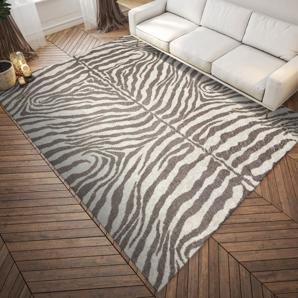 Homeroots 5' X 8' Mocha And Cream Zebra Print Shag Handmade Non Skid Area Rug  Polyester 491652