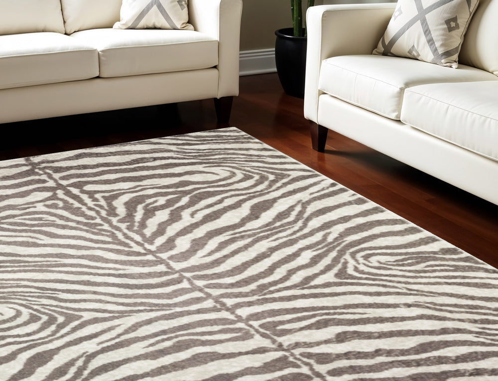 Homeroots 8' X 10' Mocha And Cream Zebra Print Shag Handmade Non Skid Area Rug  Polyester 491653