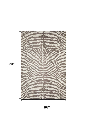 Homeroots 8' X 10' Mocha And Cream Zebra Print Shag Handmade Non Skid Area Rug  Polyester 491653