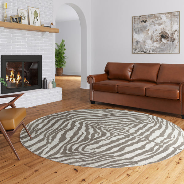 Homeroots 8' X 8' Mocha And Cream Round Zebra Print Shag Handmade Non Skid Area Rug  Polyester 491654