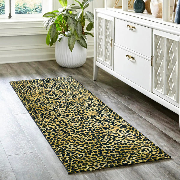 Homeroots 2' X 8' Black And Gold Leopard Print Shag Handmade Non Skid Runner Rug  Polyester 491662