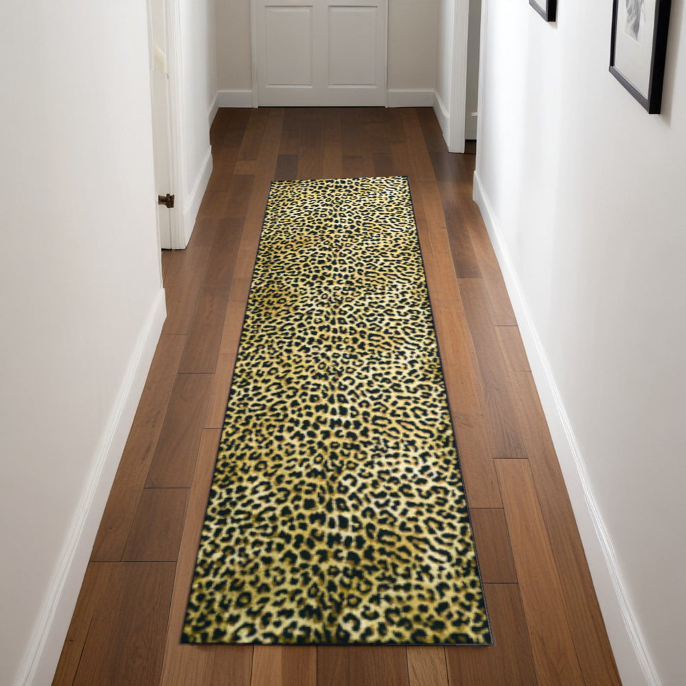 Homeroots 2' X 8' Black And Gold Leopard Print Shag Handmade Non Skid Runner Rug  Polyester 491662