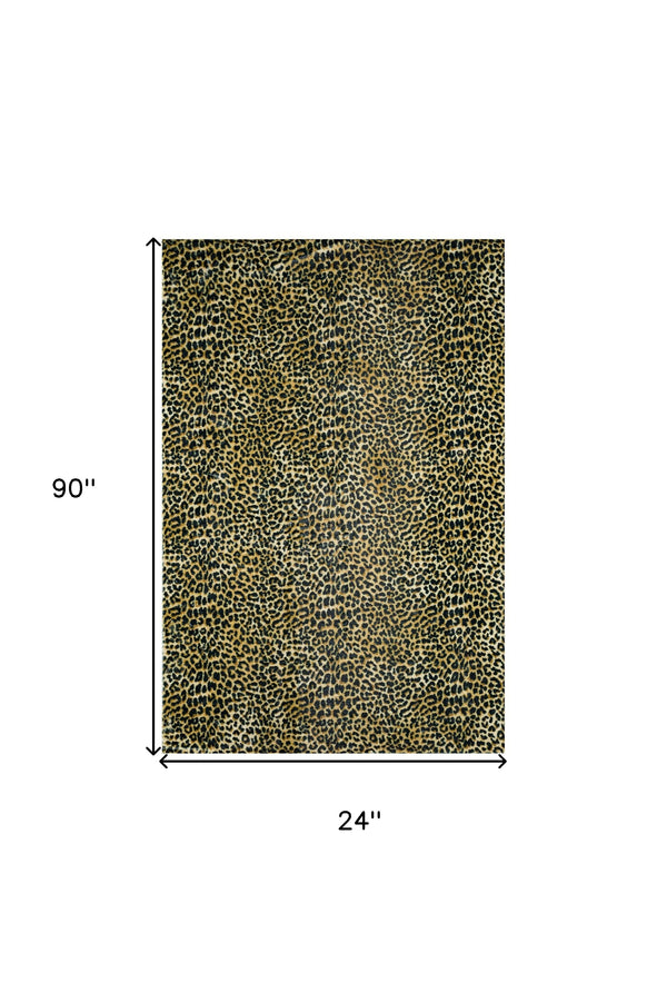 Homeroots 2' X 8' Black And Gold Leopard Print Shag Handmade Non Skid Runner Rug  Polyester 491662