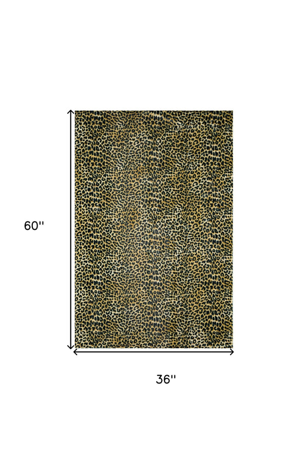 Homeroots 3' X 5' Black And Gold Leopard Print Shag Handmade Non Skid Area Rug  Polyester 491663
