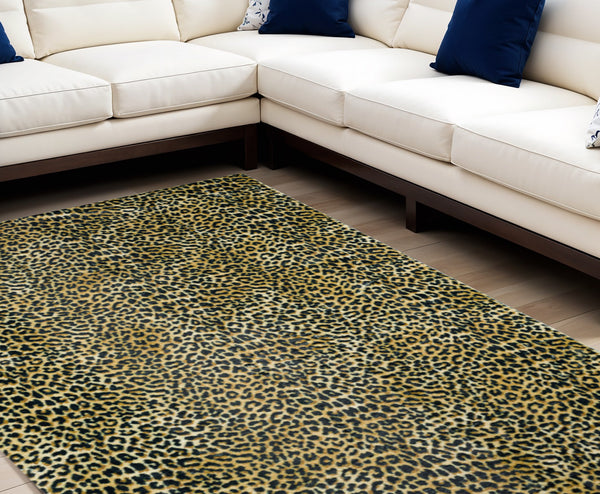 Homeroots 8' X 10' Black And Gold Leopard Print Shag Handmade Non Skid Area Rug  Polyester 491665