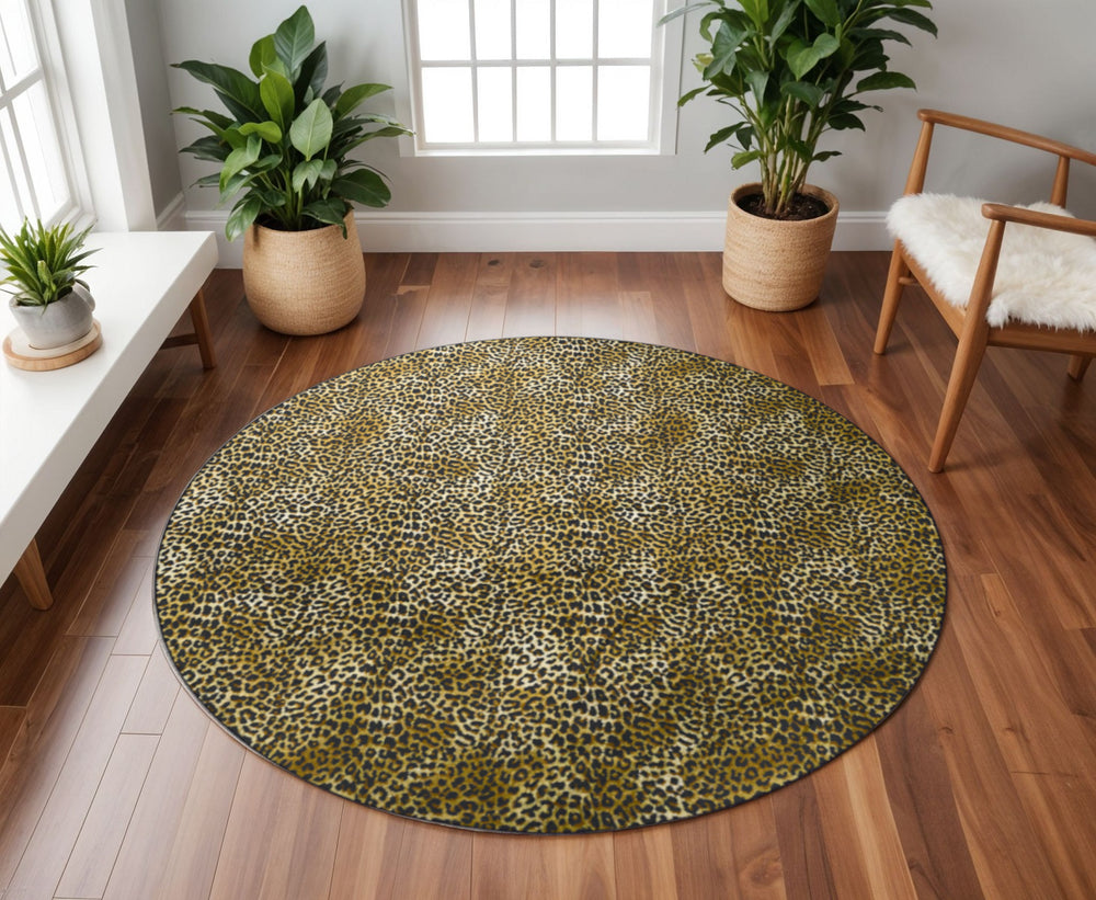 Homeroots 8' X 8' Black And Gold Round Leopard Print Shag Handmade Non Skid Area Rug  Polyester 491666