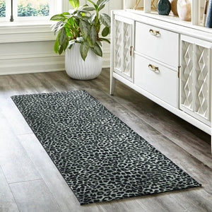 Homeroots 2' X 8' Black And Gray Leopard Print Shag Handmade Non Skid Runner Rug  Polyester 491668