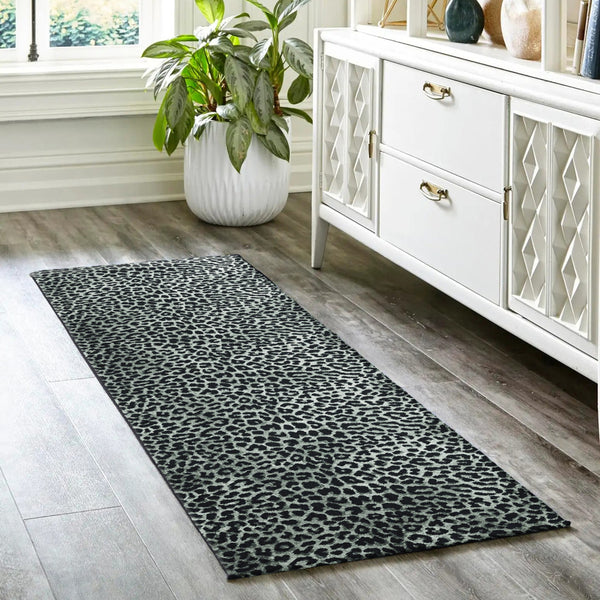 Homeroots 2' X 8' Black And Gray Leopard Print Shag Handmade Non Skid Runner Rug  Polyester 491668