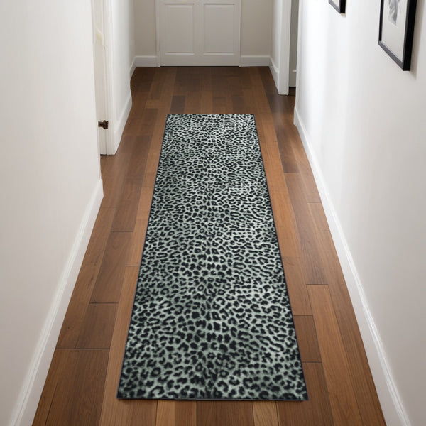 Homeroots 2' X 8' Black And Gray Leopard Print Shag Handmade Non Skid Runner Rug  Polyester 491668