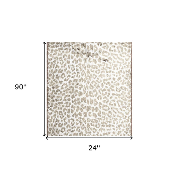 Homeroots 2' X 8' Beige And Cream Leopard Print Shag Handmade Non Skid Runner Rug  Polyester 491674