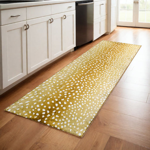 Homeroots 2' X 8' Gold Gazelle Print Shag Handmade Non Skid Runner Rug  Polyester 491686