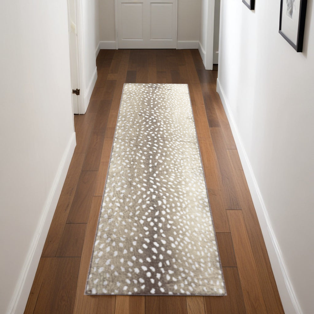 Homeroots 2' X 8' Beige Gazelle Print Shag Handmade Non Skid Runner Rug  Polyester 491698