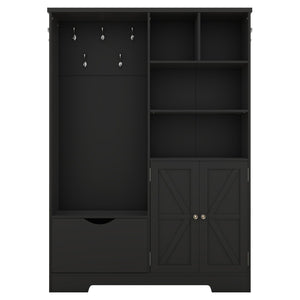 English Elm Multi-functional Entryway Hall Tree with Hooks Bench Drawer Cabinet in Matte Black W1307S00034