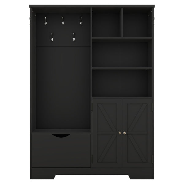 English Elm Multi-functional Entryway Hall Tree with Hooks Bench Drawer Cabinet in Matte Black W1307S00034