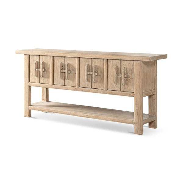 English Elm Rowan Reclaimed Pine Sideboard with Hand-carved Pulls and Open Display Shelf B2719P474454