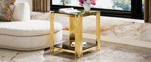 English Elm Modern Round Mirrored Glass End Table with Gold Metal Frame and Lower Display Shelf Black N735P380093B