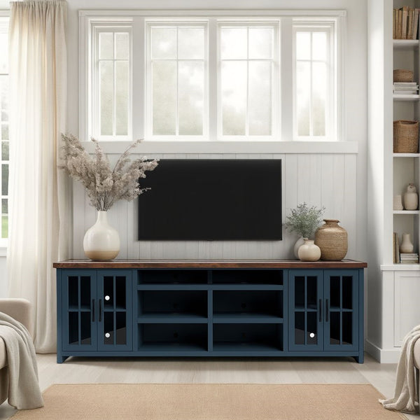 English Elm 96 inch Farmhouse TV Console for TVs up to 100" — Blue Denim & Whiskey Two-Tone, Fully Assembled, Cable Management, Glass Doors and Shelves (Oil-Rubbed Bronze) B108P160178