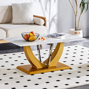 English Elm Coffee Table.Modern Minimalist Tempered Glass With Sticker Desktop ,Golden Mdf Legs and Stainless Steel Decorative Columns. Lightweight and Easy To Move. Ct-907