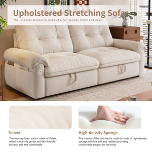 English Elm It 77-inch convertible velvet sofa bed, 2-in-1 loveseat to guest bed with steel frame, high-resilience foam comfort Beige W3820S00014