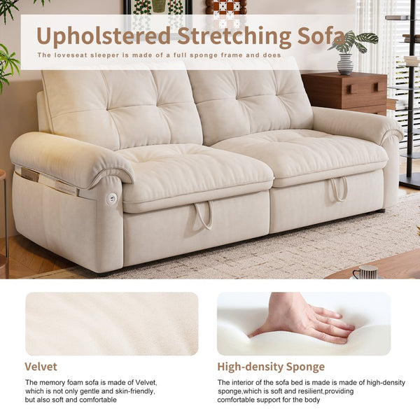 English Elm It 77-inch convertible velvet sofa bed, 2-in-1 loveseat to guest bed with steel frame, high-resilience foam comfort Beige W3820S00014