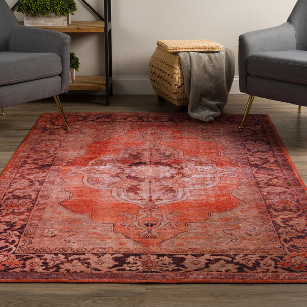 Homeroots 3' X 5' Red Oriental Distressed Non Skid Area Rug  Polyester 491820