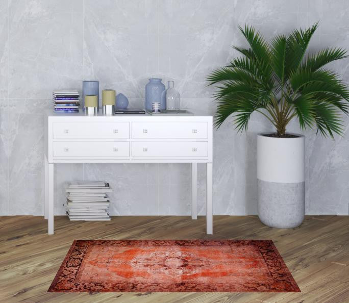 Homeroots 3' X 5' Red Oriental Distressed Non Skid Area Rug  Polyester 491820