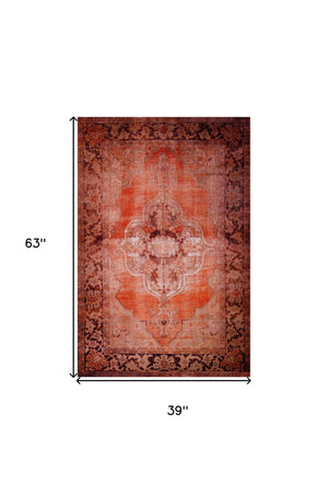 Homeroots 3' X 5' Red Oriental Distressed Non Skid Area Rug  Polyester 491820