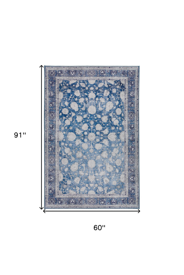 Homeroots 5' X 8' Blue Oriental Distressed Non Skid Area Rug  Polyester 491845