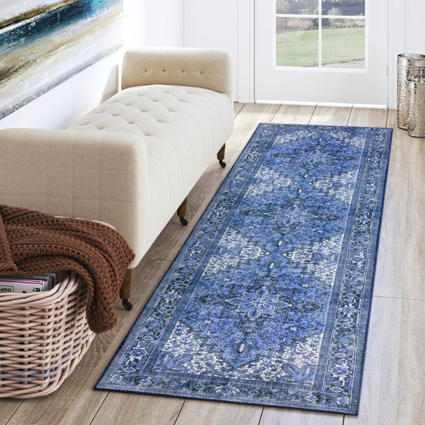 Homeroots 2' X 8' Blue Oriental Distressed Non Skid Runner Rug  Polyester 491855
