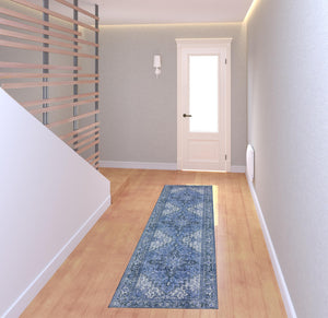 Homeroots 2' X 8' Blue Oriental Distressed Non Skid Runner Rug  Polyester 491855