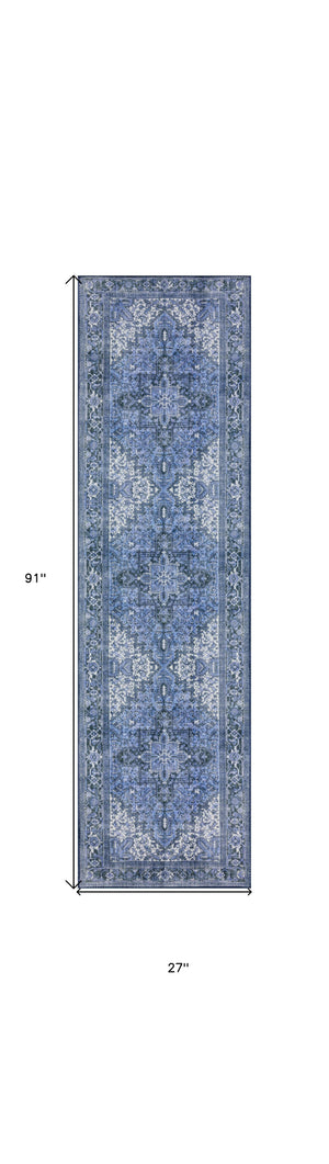 Homeroots 2' X 8' Blue Oriental Distressed Non Skid Runner Rug  Polyester 491855