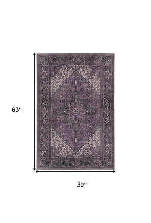 Homeroots 3' X 5' Purple Oriental Distressed Non Skid Area Rug  Polyester 491868