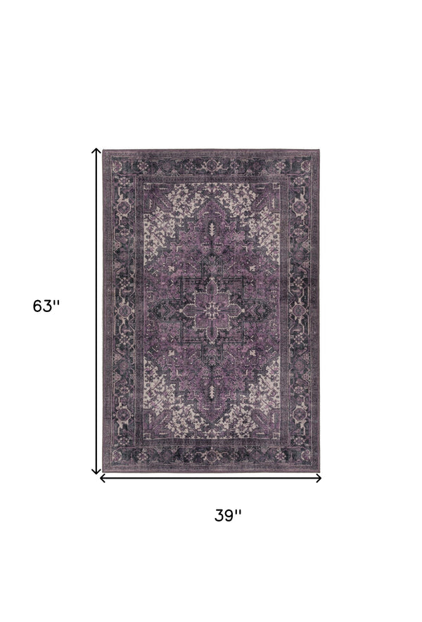 Homeroots 3' X 5' Purple Oriental Distressed Non Skid Area Rug  Polyester 491868