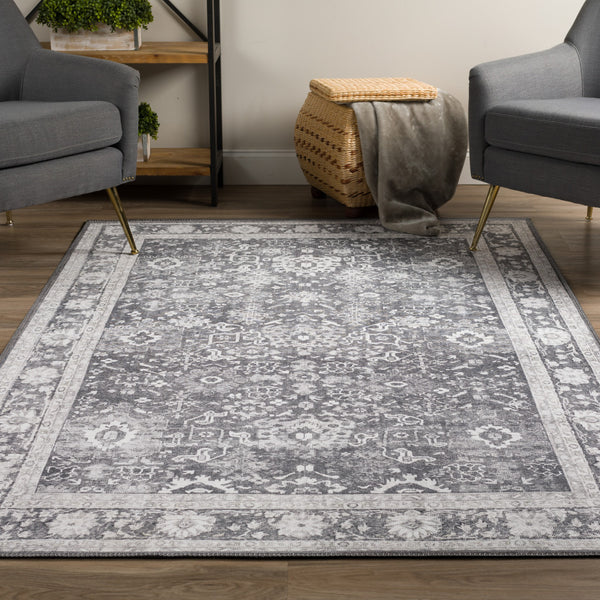 Homeroots 3' X 5' Grey Oriental Distressed Non Skid Area Rug  Polyester 491880