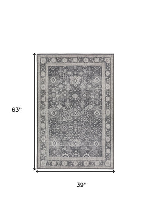Homeroots 3' X 5' Grey Oriental Distressed Non Skid Area Rug  Polyester 491880
